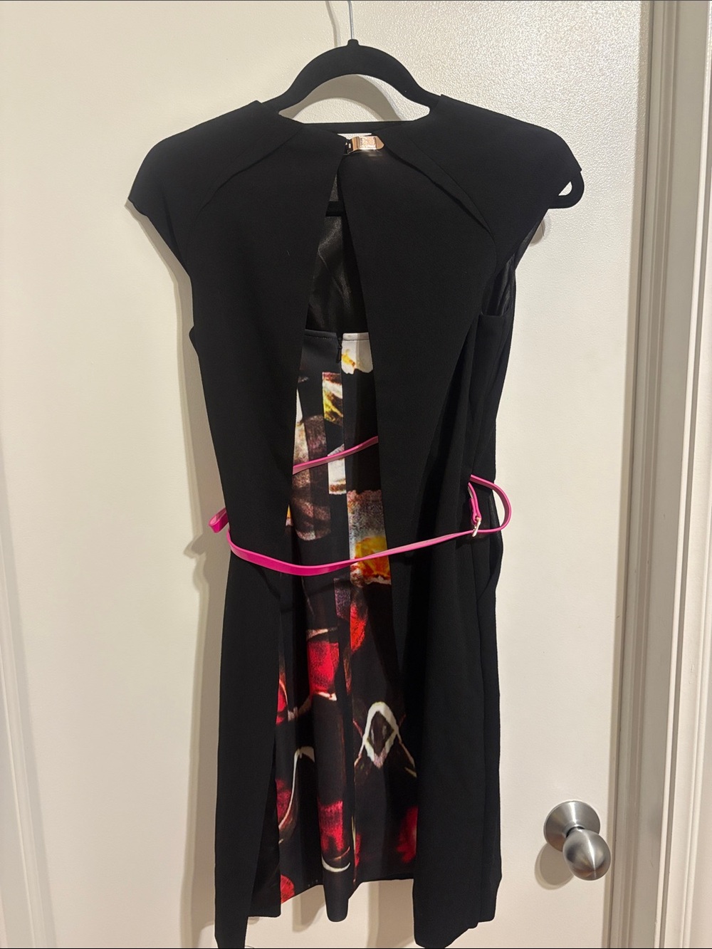 Ted Baker Black Midi Dress with Multicolor Print and Pink Belt